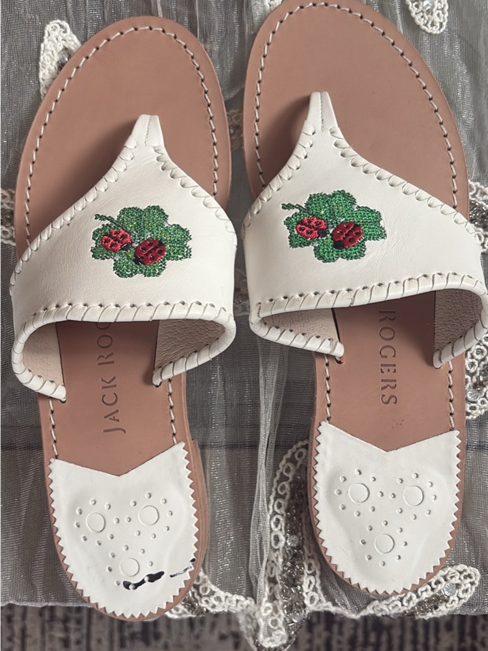 Jack rogers White Leather Thong Sandals with Ladybug Clover Embroidery - Picture 3 of 4